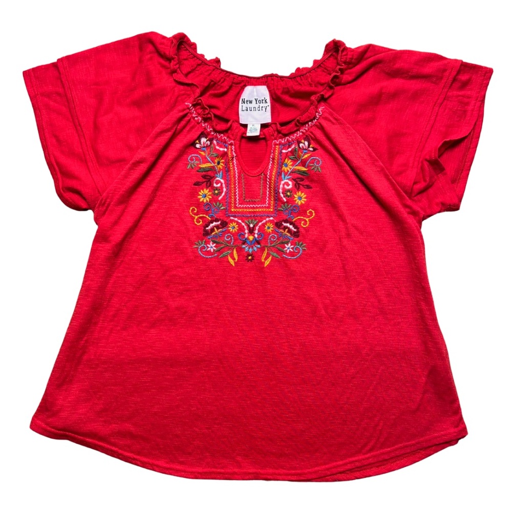 Y2K Embroidered Boho Peasant Top XL Red Ruffled Vintage Colorful Hippie Cottage